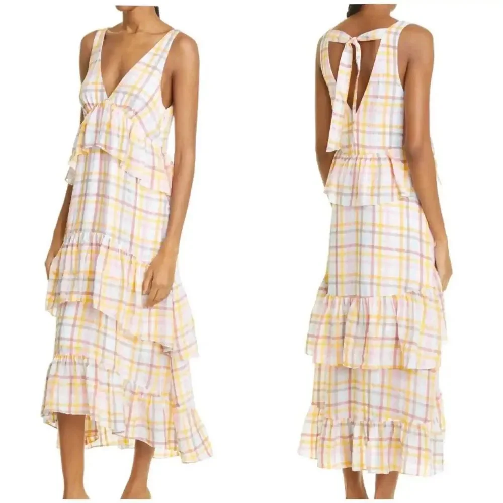 Cinq A Sept Astor Dress Pink Cream Yellow Plaid Ruffle Tiered NWT Sz 8 New - Picture 5 of 15